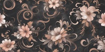 The primary subject of the image is a pattern featuring flowers, which are the main objects in the scene. The setting is a black background, and the visual style appears to be a combination of a photo and digital art. The dominant colors in the image are shades of brown and black, creating a warm and earthy atmosphere.
