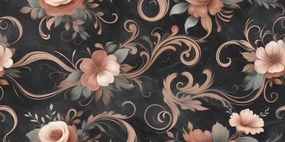 The primary subject of the image is a floral pattern, featuring a variety of flowers in different colors. The setting is a black and white background, which adds a classic and elegant touch to the scene. The visual style is a combination of a photo and a digital art, creating a unique and artistic representation of the floral pattern. The dominant colors are black, white, and various shades of pink, which contribute to a warm and inviting atmosphere.