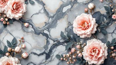 The primary subject of the image is a bouquet of pink flowers, which are arranged in a vase and placed on a marble countertop. The setting is a stone countertop, which adds a natural and elegant touch to the scene. The visual style of the image is a close-up of the flowers, showcasing their beauty and details. The colors and mood of the image are predominantly pink, creating a warm and inviting atmosphere.
