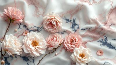 The primary subject of the image is a bouquet of white flowers. The flowers are arranged on a marble surface, which serves as the setting and background of the scene. The visual style of the image is a close-up of the flowers, showcasing their details and beauty. The colors and mood of the image are predominantly white, giving it a clean and elegant appearance.