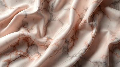 The primary subject of the image is a marble-textured fabric. The setting is a marble-textured surface, which serves as the background. The visual style is a close-up of the fabric, showcasing its texture and pattern. The colors and mood of the image are predominantly pink and white, giving it a soft and elegant appearance.