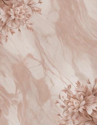 The primary subject of the image is a marble wall with a pattern of flowers. The setting is a room with a marble floor, and the visual style is a combination of photo and digital art. The dominant colors are brown and white, creating a warm and natural atmosphere.