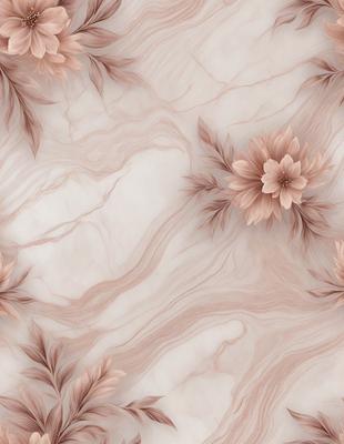 The primary subject of the image is a close-up of a marble wall with a pattern of pink flowers. The setting is a room with a marble surface, and the visual style is a combination of a photo and digital art. The dominant colors are pink and brown, creating a warm and elegant atmosphere.
