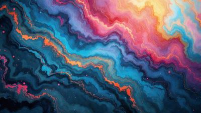 The primary subject of the image is a colorful, abstract art piece featuring a mix of blue, orange, and pink hues. The setting is a space-like environment, with a backdrop of a colorful, swirling pattern. The visual style is a combination of digital art and illustration, creating a vibrant and dynamic scene. The colors and mood of the image are lively and energetic, with the vivid colors and swirling patterns evoking a sense of movement and creativity.