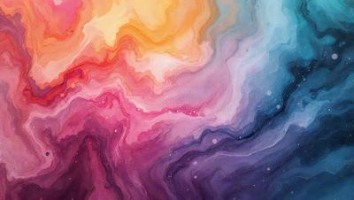 The primary subject of the image is a colorful, swirling, and abstract painting. The painting features a mix of colors, including pink, purple, blue, and orange. The setting is a canvas, and the visual style is a combination of digital art and illustration. The dominant colors and overall atmosphere of the painting are vibrant, lively, and artistic.