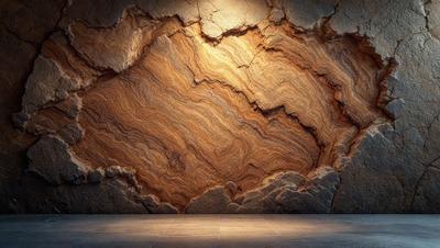The primary subject of the image is a large, intricately carved rock wall. The setting is a rocky, natural environment, with the rock wall as the main focus. The visual style is a combination of photo and digital art, creating a realistic yet artistic representation of the rock wall. The colors and mood of the image are predominantly earthy tones, giving the scene a natural and rugged atmosphere.