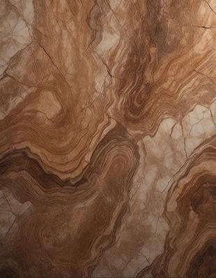 The primary subject of the image is a marble-like surface with a pattern of swirls and curves. The setting is a stone wall, and the visual style is a close-up of the marble pattern. The colors and mood of the image are predominantly brown and earthy, giving it a natural and textured appearance.
