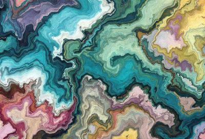 The primary subject of the image is a colorful, abstract artwork featuring a mix of blue, green, and purple hues. The setting is a large, intricate piece of art, possibly a painting or a digital artwork. The visual style is a combination of digital art and illustration, creating a vibrant and dynamic appearance. The colors and mood of the artwork are lively and energetic, with the blue and green tones creating a sense of depth and the purple hues adding a touch of