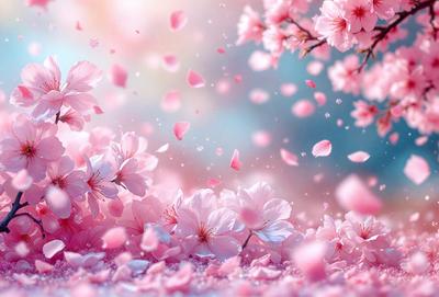 The primary subject of the image is a beautiful bouquet of pink flowers. The flowers are scattered throughout the scene, with some in the foreground and others in the background. The setting appears to be a garden or an outdoor area with a blue sky in the background. The visual style of the image is a combination of photo and digital art, creating a vibrant and lively atmosphere. The dominant colors in the image are pink and blue, which contribute to the overall mood of the scene.