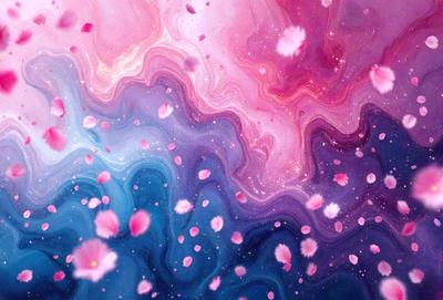 The primary subject of the image is a beautifully painted picture of flowers in a blue and pink color scheme. The setting is a space with a backdrop of a blue and pink swirling pattern. The visual style is a digital art or illustration, creating a vibrant and lively atmosphere. The colors and mood of the image are predominantly blue and pink, evoking a sense of tranquility and beauty.