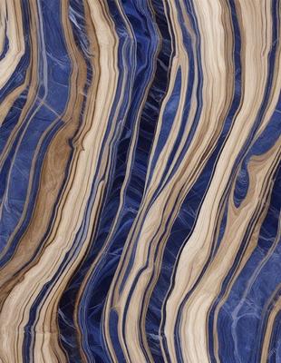 The primary subject of the image is a blue and brown striped pattern, which appears to be a marble or wood grain texture. The setting is a blue background, which complements the colors of the pattern. The visual style is a close-up of the pattern, showcasing its intricate details. The colors and mood of the image are predominantly blue and earthy tones, creating a sense of depth and natural beauty.
