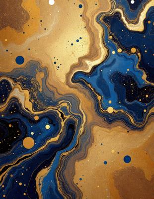 The primary subject of the image is a painting featuring a blue and gold color scheme. The setting is a canvas, and the visual style appears to be a mix of digital art and illustration. The painting showcases a variety of colors and patterns, creating a vibrant and lively atmosphere.