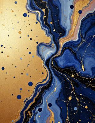 The primary subject of the image is a painting featuring a gold background with blue and yellow colors. The painting is a mix of digital art and illustration, creating a unique visual style. The gold background and the blue and yellow colors give the painting a warm and vibrant atmosphere.