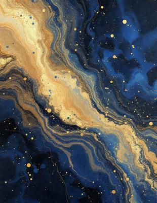 The primary subject of the image is a blue and gold swirling pattern, which appears to be a painting or a digital artwork. The setting is a blue background, and the visual style is a combination of photo and digital art. The dominant colors are blue and gold, creating a vibrant and lively atmosphere.
