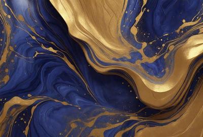 The primary subject of the image is a painting featuring a blue background with gold and yellow swirls. The setting is a canvas, and the visual style is a painting. The dominant colors are blue, gold, and yellow, creating a vibrant and lively atmosphere.