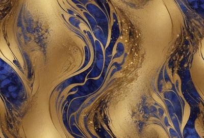 The primary subject of the image is a blue and gold painting, featuring a swirling design with gold accents. The setting is a wall, and the visual style appears to be a painting or a digital artwork. The dominant colors in the painting are blue and gold, creating a sense of depth and richness in the artwork.