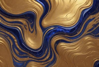 The primary subject of the image is a blue and gold swirling pattern, which appears to be a painting or a digital artwork. The setting is a wall, and the visual style is a combination of photo and digital art. The dominant colors are blue and gold, creating a vibrant and eye-catching atmosphere.