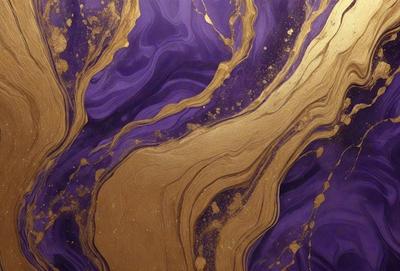 The primary subject of the image is a purple and gold painting. The setting is a canvas, and the visual style appears to be a painting or drawing. The dominant colors in the painting are purple and gold, creating a rich and vibrant atmosphere.