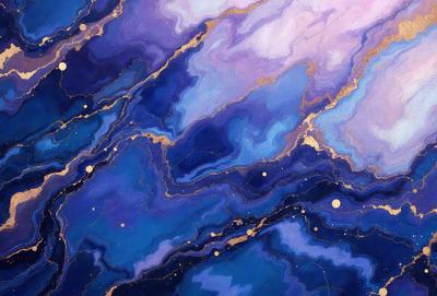 The primary subject of the image is a blue and gold painting of a swirling, abstract design. The setting is a blue background, and the visual style appears to be a digital art or illustration. The dominant colors are blue and gold, creating a sense of depth and richness in the painting.
