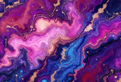 The primary subject of the image is a colorful, abstract art piece featuring a mix of purple, blue, and gold colors. The setting is a space-themed background, which adds to the overall visual style. The artwork appears to be a digital illustration or a painting, showcasing a unique and creative design. The colors and mood of the piece evoke a sense of wonder and exploration, as it captures the viewer's attention with its vibrant and intricate patterns.