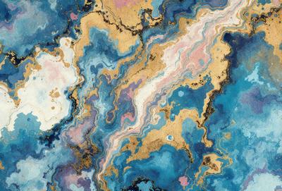 The primary subject of the image is a blue and gold painting featuring a swirling design. The setting is a blue and gold background, which complements the artwork. The visual style is a painting, showcasing the artist's skill in creating a vibrant and captivating piece. The colors and mood of the painting are predominantly blue and gold, creating a sense of elegance and sophistication.