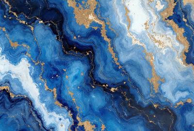 The primary subject of the image is a blue and gold marbled stone. The setting is a close-up of the stone, showcasing its intricate and colorful patterns. The visual style is a detailed and artistic representation of the stone, possibly as a digital art or illustration. The colors and mood of the image are vibrant and lively, with the blue and gold hues creating a sense of depth and richness.