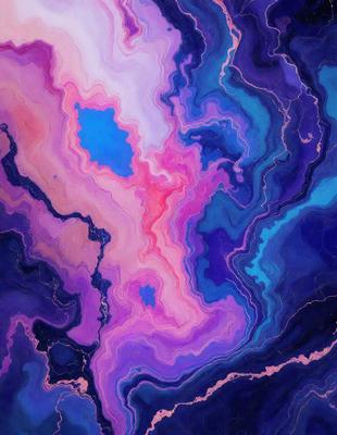 The primary subject of the image is a vibrant, colorful painting featuring a purple and blue color scheme. The painting is set against a black background, creating a striking contrast. The visual style of the painting appears to be a combination of digital art and illustration, with a focus on intricate patterns and textures. The overall atmosphere of the painting is lively and energetic, with the bold colors evoking a sense of excitement and creativity.
