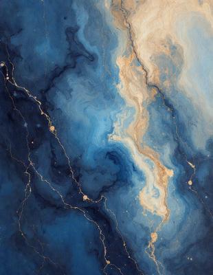 The primary subject of the image is a painting of a blue and gold ocean. The setting is a blue and white ocean with a gold streak. The visual style is a painting, and the colors and mood are predominantly blue and gold, creating a serene and calming atmosphere.