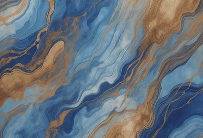 The primary subject of the image is a blue and gold swirling pattern, which appears to be a painting or a digital artwork. The setting is a blue and gold background, which complements the swirling pattern. The visual style is a mix of digital art and painting, creating a unique and eye-catching design. The colors and mood of the image are predominantly blue and gold, giving it a warm and inviting atmosphere.