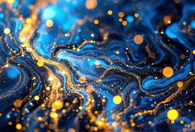 The primary subject of the image is a vibrant, colorful, and abstract pattern. The setting is a dark background, which contrasts with the bright and colorful pattern. The visual style is a combination of digital art and illustration, creating a unique and eye-catching design. The dominant colors in the image are blue, yellow, and orange, which contribute to a lively and energetic atmosphere.