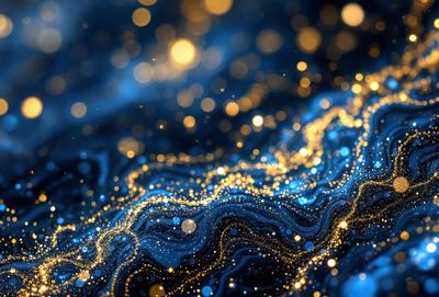 The primary subject of the image is a blue and gold swirling pattern, which appears to be a digital art or illustration. The setting is a dark blue background, and the visual style is a combination of digital art and illustration. The colors and mood of the image are predominantly blue and gold, creating a sense of depth and intricacy.