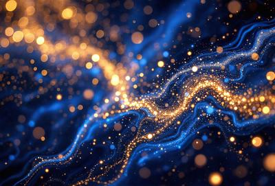 The primary subject of the image is a blue and yellow swirling pattern, which appears to be a digital art or illustration. The setting is a dark background, and the visual style is a mix of digital art and illustration. The dominant colors are blue and yellow, creating a vibrant and lively atmosphere.
