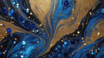 The primary subject of the image is a blue and gold swirling pattern, which appears to be a painting or a digital artwork. The setting is a blue background, and the visual style is a combination of painting and digital art. The colors and mood of the image are predominantly blue and gold, creating a sense of depth and richness.