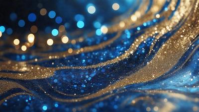 The primary subject of the image is a blue and gold swirling pattern, which appears to be a digital art or illustration. The setting is a blue background, and the visual style is a combination of digital art and illustration. The dominant colors in the image are blue and gold, creating a vibrant and lively atmosphere.