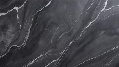 The primary subject of the image is a marble countertop with a black and white pattern. The setting is a kitchen, and the visual style is a close-up of the countertop. The colors and mood of the image are predominantly black and white, giving it a classic and elegant appearance.