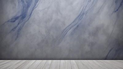 The primary subject of the image is a marble wall with a blue tint. The setting is a room with a wooden floor. The visual style is a photo, and the dominant colors are blue and gray. The overall atmosphere is calm and sophisticated.