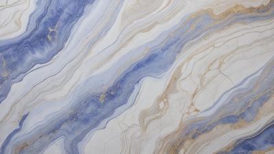 The primary subject of the image is a marble tile with a blue and white pattern. The setting is a wall, and the visual style is a close-up of the tile. The dominant colors are blue and white, creating a calm and elegant atmosphere.