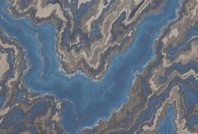The primary subject of the image is a blue and white marbled wallpaper with a pattern of swirls and curves. The setting is a room with a blue and white color scheme. The visual style is a combination of a photo and a digital art, illustration, or drawing. The dominant colors are blue and white, creating a calm and soothing atmosphere.