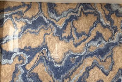 The primary subject of the image is a blue and brown marbled wallpaper with a pattern of swirls and curves. The setting is a room with a blue and brown marbled wallpaper covering the walls. The visual style is a close-up of the wallpaper, showcasing its intricate design. The colors and mood of the image are predominantly blue and brown, creating a warm and inviting atmosphere.