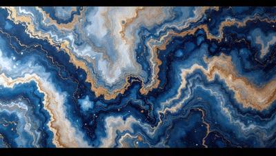 The primary subject of the image is a blue and gold painting of a swirling, abstract design. The setting is a black background, which contrasts with the vibrant colors of the painting. The visual style is a combination of digital art and illustration, creating a unique and captivating piece of art. The dominant colors are blue and gold, with the blue providing a sense of depth and the gold adding a touch of warmth and richness to the painting. Overall, the image evokes a sense of creativity and