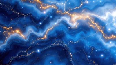 The primary subject of the image is a blue and yellow nebula, which is a swirling mass of gas and dust in space. The setting is a dark, starry sky, with the nebula as the main focus. The visual style is a combination of a photo and digital art, creating a vibrant and dynamic scene. The dominant colors are blue and yellow, giving the image a lively and energetic atmosphere.
