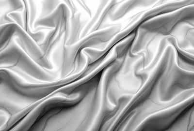 The primary subject of the image is a close-up of a piece of fabric, likely silk, with a pattern of wrinkles and folds. The setting is a white background, which highlights the fabric's texture and details. The visual style is a close-up, focusing on the fabric's intricate patterns. The colors and mood of the image are predominantly gray, with the fabric's texture and patterns creating a sense of depth and complexity.