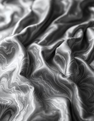 The primary subject of the image is a close-up of a wrinkled, textured piece of fabric. The setting is a bed, with the fabric covering the surface. The visual style is a photo, capturing the intricate details of the fabric. The colors and mood of the image are predominantly grays and blacks, giving it a somewhat moody and dramatic appearance.