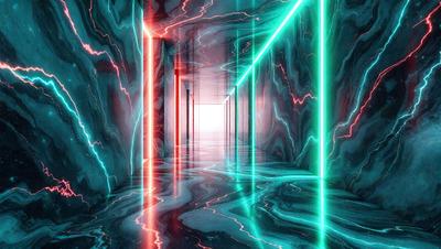 The primary subject of the image is a long, narrow hallway with a blue and green color scheme. The setting is a futuristic, industrial environment, possibly a space station or a high-tech facility. The visual style is a combination of photo and digital art, creating a unique and captivating atmosphere. The dominant colors are blue and green, which contribute to the futuristic and technological feel of the scene.