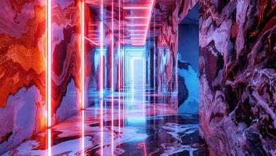 The primary subject of the image is a long, narrow hallway with a blue and red color scheme. The hallway is illuminated by a series of blue and red lights, creating a striking visual effect. The setting is a modern, futuristic environment, likely in a building or a public space. The visual style of the image is a combination of digital art and photography, with the lights and colors creating a unique and captivating atmosphere. The dominant colors are blue and red, which evoke a sense of energy and dynam