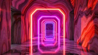 The primary subject of the image is a purple tunnel with a neon light illuminating it. The setting is a rocky environment, and the visual style appears to be a combination of a photo and digital art. The dominant colors are purple and neon, creating a unique and futuristic atmosphere.