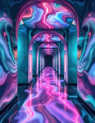 The primary subject of the image is a long, narrow hallway with a blue and pink color scheme. The hallway is illuminated by a series of blue lights, creating a unique and visually striking atmosphere. The setting appears to be a futuristic or artistic environment, possibly a space station or a futuristic city. The visual style of the image is a combination of digital art and illustration, with the blue and pink colors creating a vibrant and dynamic scene. The overall mood of the image is