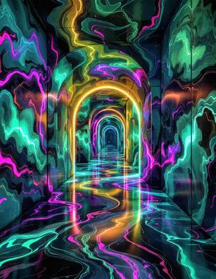 The primary subject of the image is a long, colorful tunnel with a purple and yellow lighting effect. The tunnel appears to be a part of a larger, multi-colored room. The setting is a futuristic, artistic environment with a unique visual style. The colors and mood of the image are vibrant and energetic, creating a sense of excitement and wonder.