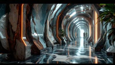 The primary subject of the image is a person walking down a hallway in a building. The setting is a long, narrow hallway with a marble floor and a row of potted plants lining the walls. The visual style appears to be a combination of photo and digital art, creating a futuristic and modern atmosphere. The colors and mood of the image are predominantly dark and moody, with the marble floor and potted plants adding a touch of elegance and sophistication to the scene.