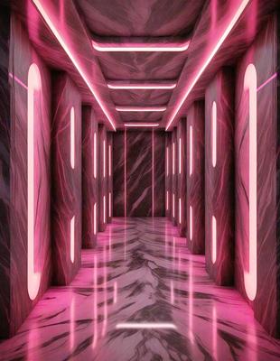 The primary subject of the image is a long, narrow hallway with a pink lighting effect. The hallway is lined with marble walls and floors, giving it a luxurious and elegant appearance. The setting is a modern, well-lit space, likely in a building or a public area. The visual style of the image is a combination of photo and digital art, creating a unique and visually appealing scene. The colors and mood of the image are predominantly pink, giving it a warm and